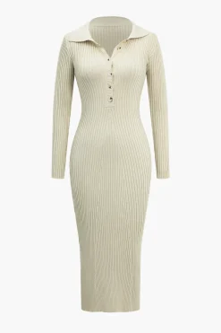MICAS Long Sleeve Dresses|Knit Dresses-Solid Knit Button Long Sleeve Dress BEIGE
