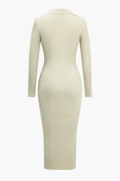 MICAS Long Sleeve Dresses|Knit Dresses-Solid Knit Button Long Sleeve Dress BEIGE