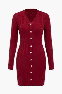 MICAS Long Sleeve Dresses|Knit Dresses-Solid Knit Button Long-Sleeve Dress BURGUNDY