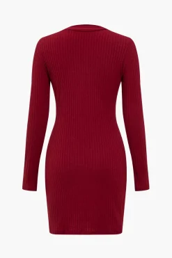 MICAS Long Sleeve Dresses|Knit Dresses-Solid Knit Button Long-Sleeve Dress BURGUNDY