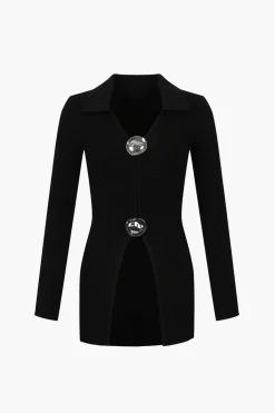 MICAS Knit Tops-Solid Knit Button Long-Sleeve Top BLACK