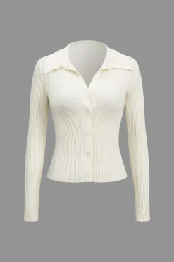 MICAS Knitwear|Knit Tops-Solid Knit Button Long-Sleeve Top