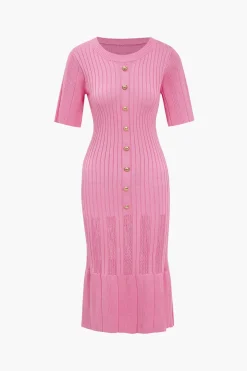 MICAS Knitwear|Knit Dresses-Solid Knit Button Round Neck Short Sleeve Dress