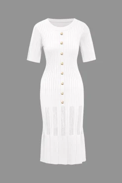 MICAS Knitwear|Knit Dresses-Solid Knit Button Round Neck Short Sleeve Dress
