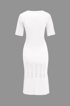 MICAS Knitwear|Knit Dresses-Solid Knit Button Round Neck Short Sleeve Dress