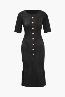 MICAS Knitwear|Knit Dresses-Solid Knit Button Round Neck Short Sleeve Dress
