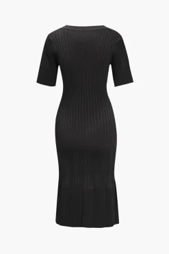 MICAS Knitwear|Knit Dresses-Solid Knit Button Round Neck Short Sleeve Dress