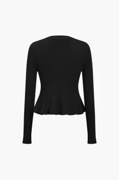 MICAS Knitwear|Knit Tops-Solid Knit Button Ruffled Long-Sleeve Top