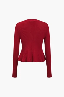 MICAS Knitwear|Knit Tops-Solid Knit Button Ruffled Long-Sleeve Top