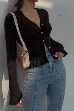 MICAS Knitwear|Knit Tops-Solid Knit Button Ruffled Long-Sleeve Top