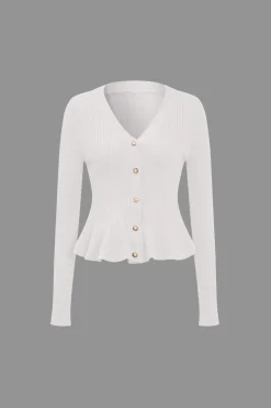 MICAS Knitwear|Knit Tops-Solid Knit Button Ruffled Long-Sleeve Top