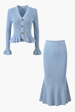 MICAS Knitwear|Knit Sets-Solid Knit Button Top And Ruffle Mermaid Skirt Set