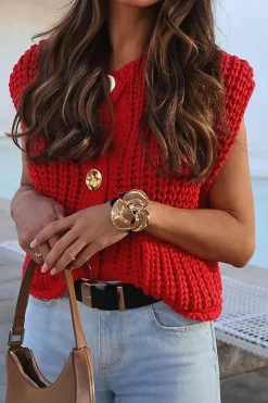 MICAS Knitwear|Knit Tops-Solid Knit Button Up Vest