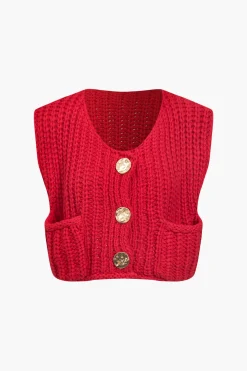 MICAS Knitwear|Knit Tops-Solid Knit Button Up Vest