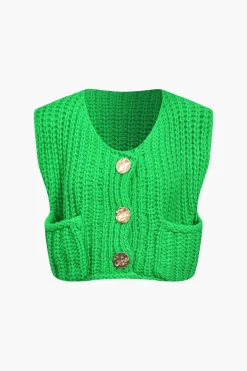 MICAS Knitwear|Knit Tops-Solid Knit Button Up Vest