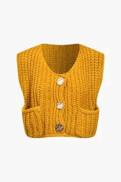 MICAS Knitwear|Knit Tops-Solid Knit Button Up Vest