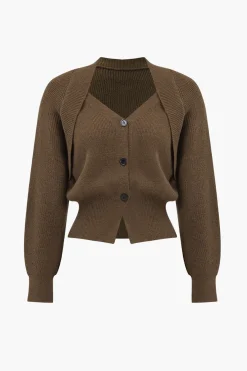 MICAS Outerwear|Knitwear-Solid Knit Button V-neck Long Sleeve Cardigan