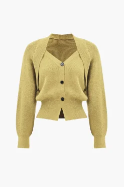 MICAS Outerwear|Knitwear-Solid Knit Button V-neck Long Sleeve Cardigan