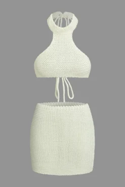 MICAS Knit Sets-Solid Knit Cut Out Tie-Up Top And Mini Skirt Set WHITE