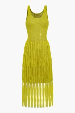 MICAS Knitwear|Knit Dresses-Solid Knit Fringe Cut Out Midi Dress LIGHT GREEN
