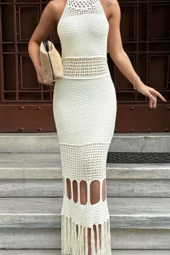 MICAS Knit Dresses-Solid Knit Fringe Cut Out Tie-Up Dress IVORY