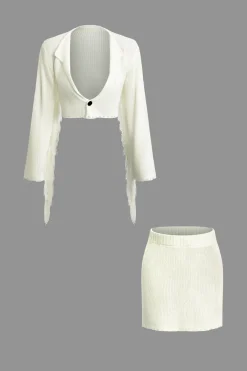 MICAS Knit Sets-Solid Knit Fringe Long Sleeve Top And Mini Skirt Set WHITE
