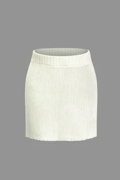 MICAS Knit Sets-Solid Knit Fringe Long Sleeve Top And Mini Skirt Set WHITE