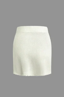 MICAS Knit Sets-Solid Knit Fringe Long Sleeve Top And Mini Skirt Set WHITE