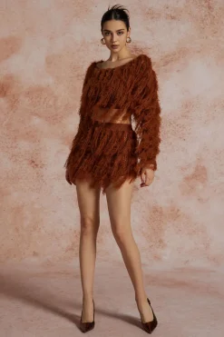 MICAS Knit Sets-Solid Knit Fringe Long-Sleeve Top And Skirt Set COFFEE