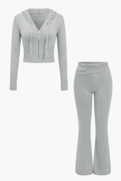 MICAS Knitwear|Knit Sets-Solid Knit Hooded Top And Asymmetrical Pants Set