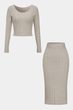 MICAS Knit Sets-Solid Knit Long Sleeve Top And Slit Skirt Set BEIGE