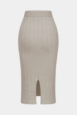 MICAS Knit Sets-Solid Knit Long Sleeve Top And Slit Skirt Set BEIGE