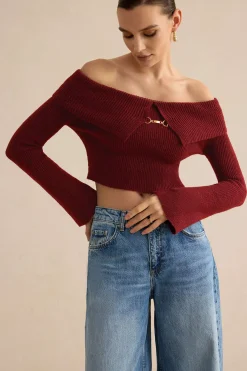 MICAS Knitwear|Knit Tops-Solid Knit Metallic Off Shoulder Long-Sleeve Top