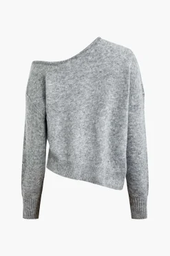 MICAS Knitwear|Knit Tops-Solid Knit Off Shoulder Sweater Long-Sleeve Top