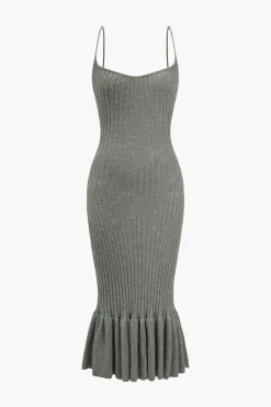 MICAS Knit Dresses-Solid Knit Ruffle Slip Dress GRAY