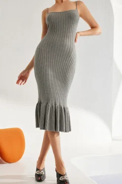 MICAS Knit Dresses-Solid Knit Ruffle Slip Dress GRAY
