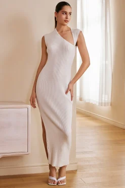 MICAS Knit Dresses-Solid Knit Slit Button Asymmetrical Midi Dress WHITE