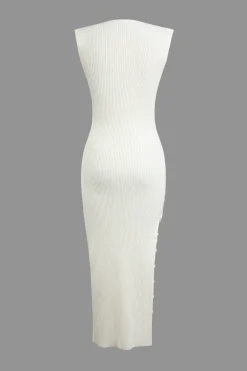 MICAS Knit Dresses-Solid Knit Slit Button Asymmetrical Midi Dress WHITE