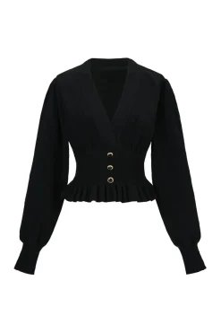 MICAS Knitwear|Knit Tops-Solid Knit V-Neck Long-Sleeve Top BLACK