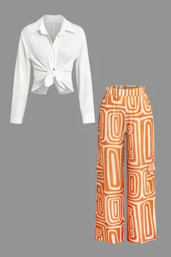 MICAS Pant Sets|Vacation Sets-Solid Knot Shirt And Artistic Print Pants Set