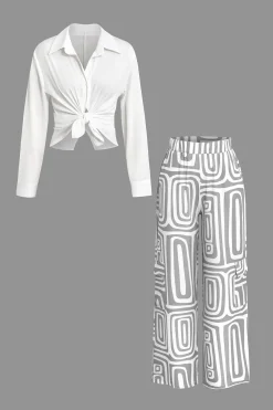 MICAS Pant Sets|Vacation Sets-Solid Knot Shirt And Artistic Print Pants Set