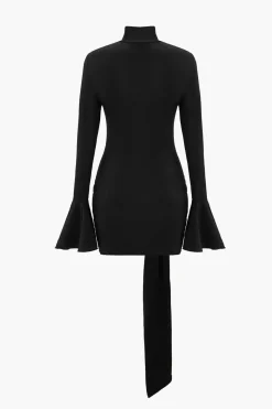MICAS Mini Dresses|Long Sleeve Dresses-Solid Knotted Bell Sleeves Mini Dress BLACK
