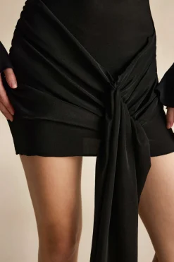 MICAS Mini Dresses|Long Sleeve Dresses-Solid Knotted Bell Sleeves Mini Dress BLACK