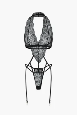 MICAS Lingerie & Sleepwear-Solid Lace Cut Out Lingerie Garter Set BLACK