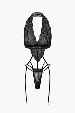 MICAS Lingerie & Sleepwear-Solid Lace Cut Out Lingerie Garter Set BLACK