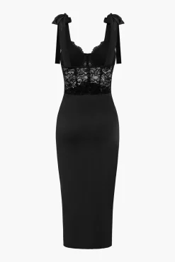 MICAS Midi Dresses-Solid Lace Slit Knotted Sheer Bustier Midi Dress BLACK