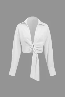 MICAS Long Sleeve Tops|Long Sleeves Tops-Solid Linen Buckle Long-Sleeve Shirt WHITE
