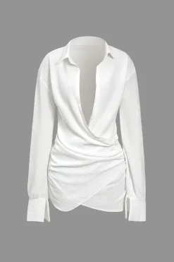 MICAS Long Sleeve Dresses|Mini Dresses-Solid Long Sleeve Deep V Mini Dress