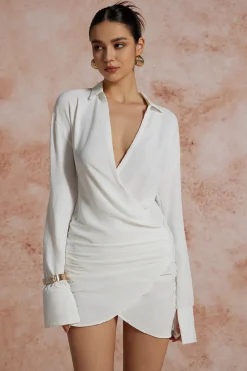 MICAS Long Sleeve Dresses|Mini Dresses-Solid Long Sleeve Deep V Mini Dress