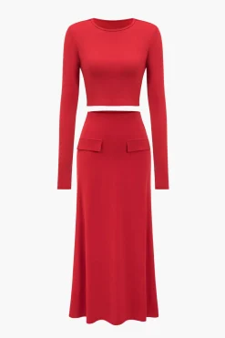 MICAS Skirt Sets-Solid Long Sleeve Top And Maxi Skirt Set CHILI